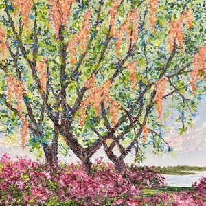 Mossy Oaks - Acrylic Nature Landscape Painting by Deb Bossert Artworks, 8 x 8